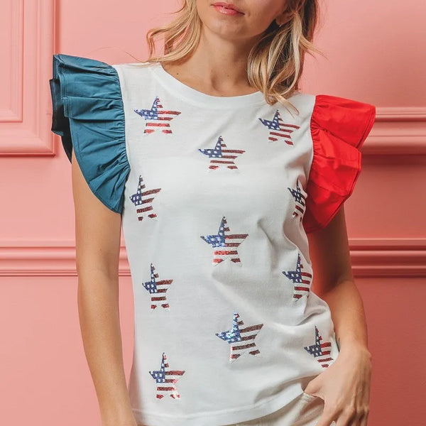 BiBi American Flag Sequin Stars Top