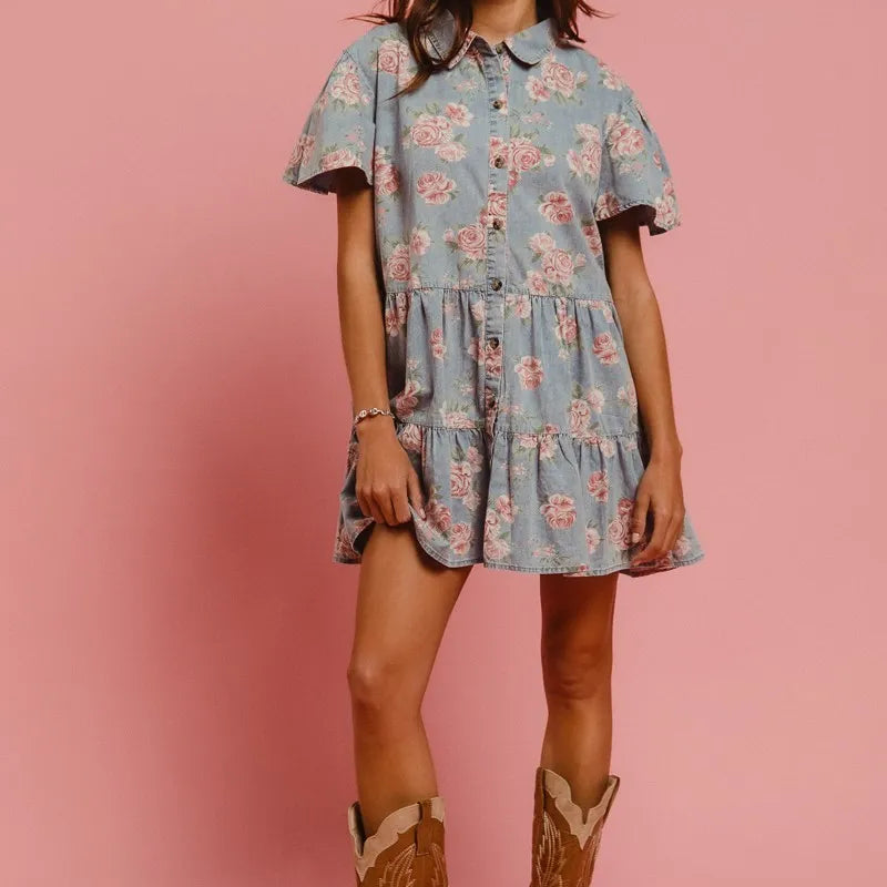BiBi Floral Print Washed Lightweight Tiered Shirt Dress