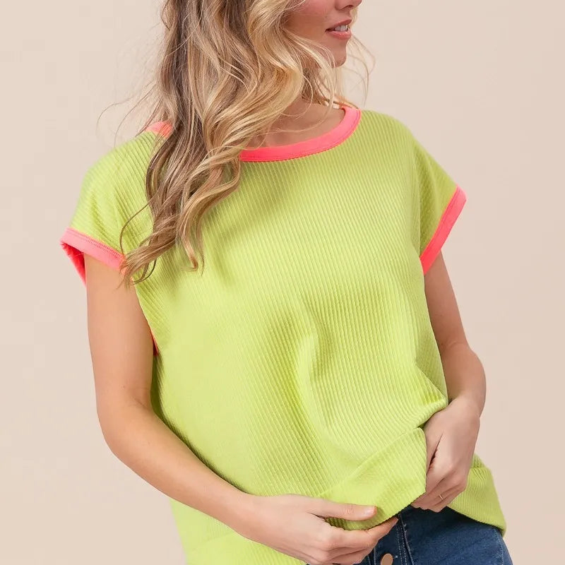 BiBi Cord Rib Knit Contrast Banded Top
