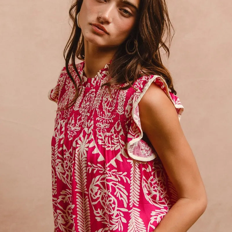 BiBi Printed Ruffle Sleeve Top