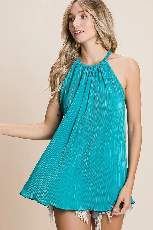 BiBi Pleating Knit Halter Neck Top in Teal