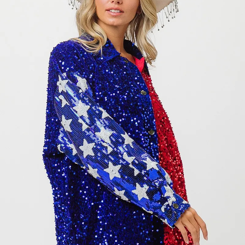 BiBi American Flag Sequin Snap Down Shirt
