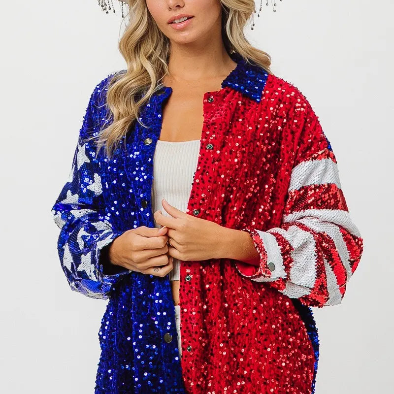 BiBi American Flag Sequin Snap Down Shirt