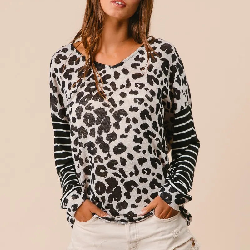 BiBi Leopard Hacci Knit Twist Back Top With Stripe Sleeve