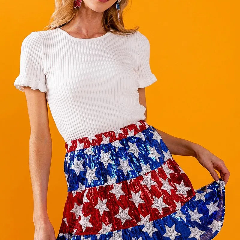 BiBi American Flag Theme Star Sequin Tiered Skirt