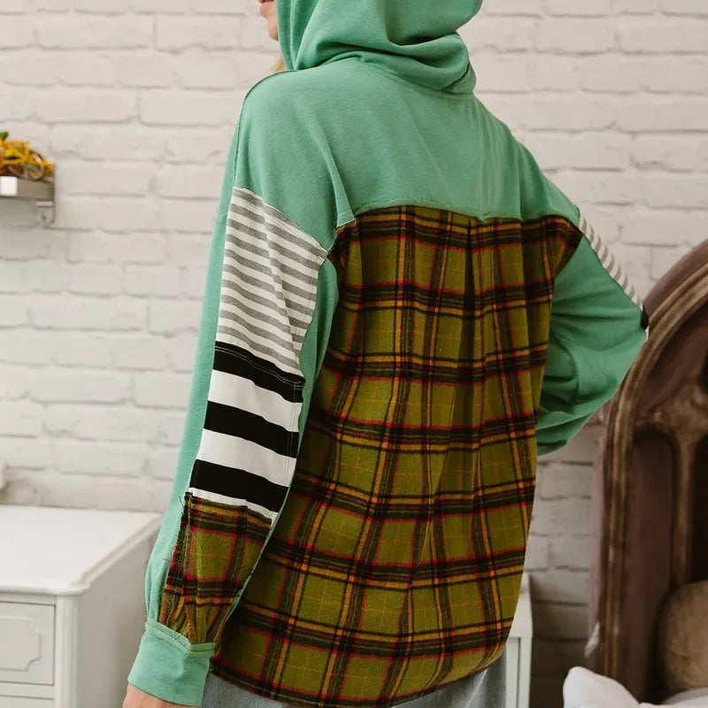 BiBi Plaid With Stripes Mix Match French Terry Hoodie