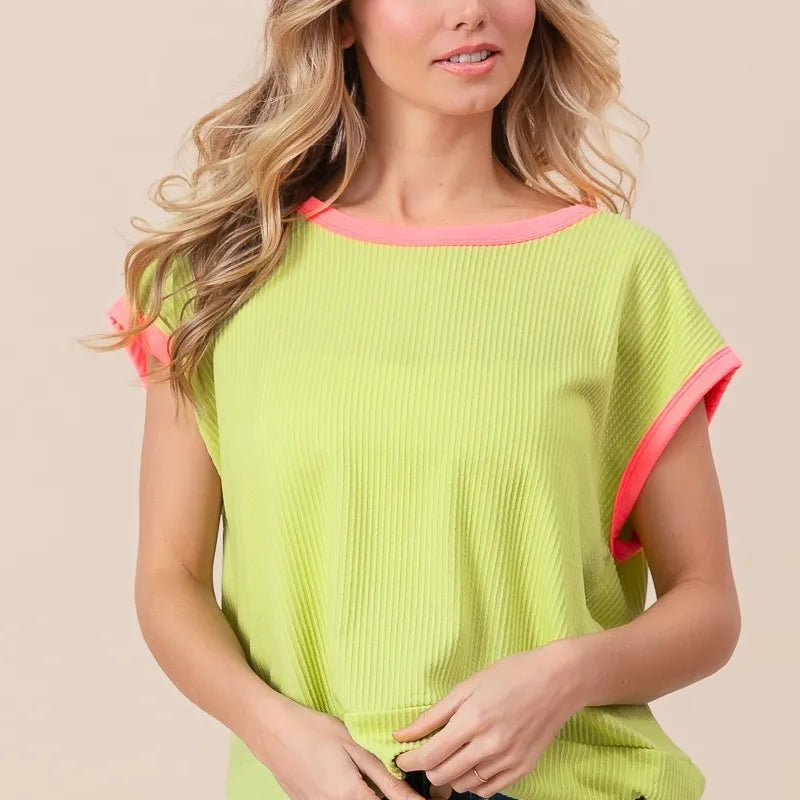 BiBi Cord Rib Knit Contrast Banded Top