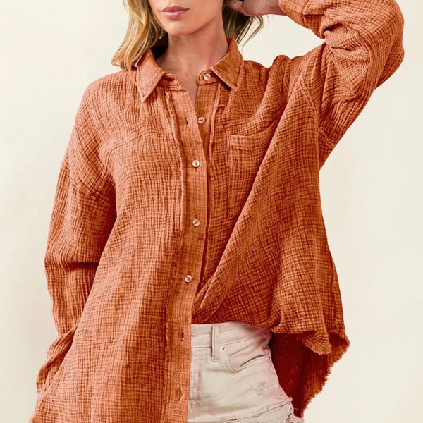 BiBi Raw Edge Detailed Mineral Washed Loose Fit Shirt in Brick