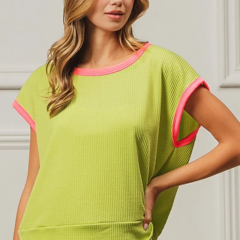 BiBi Cord Rib Knit Contrast Banded Top