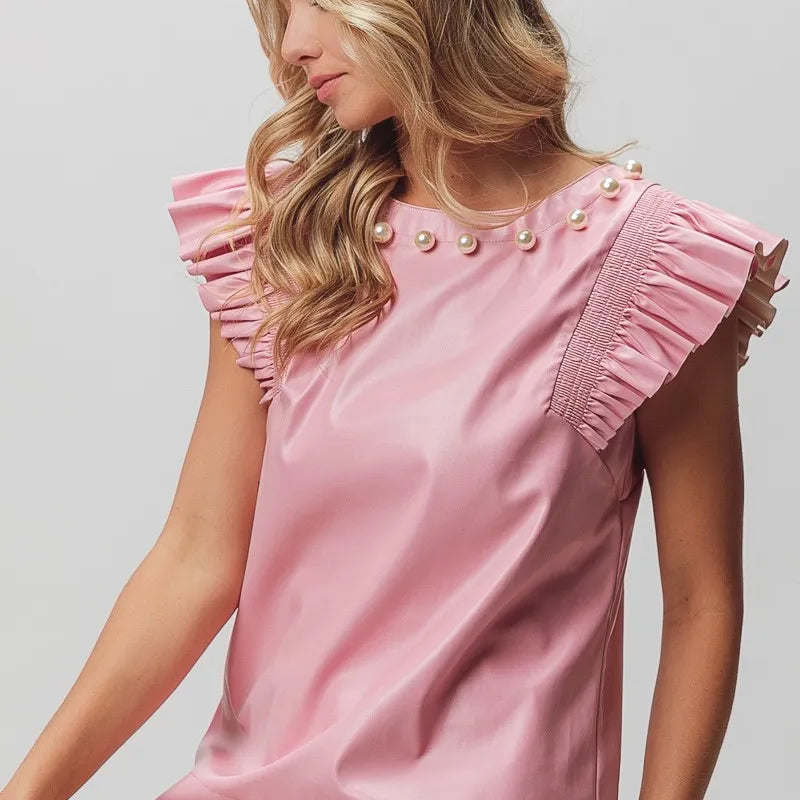 BiBi Leather Smocked Ruffled Top