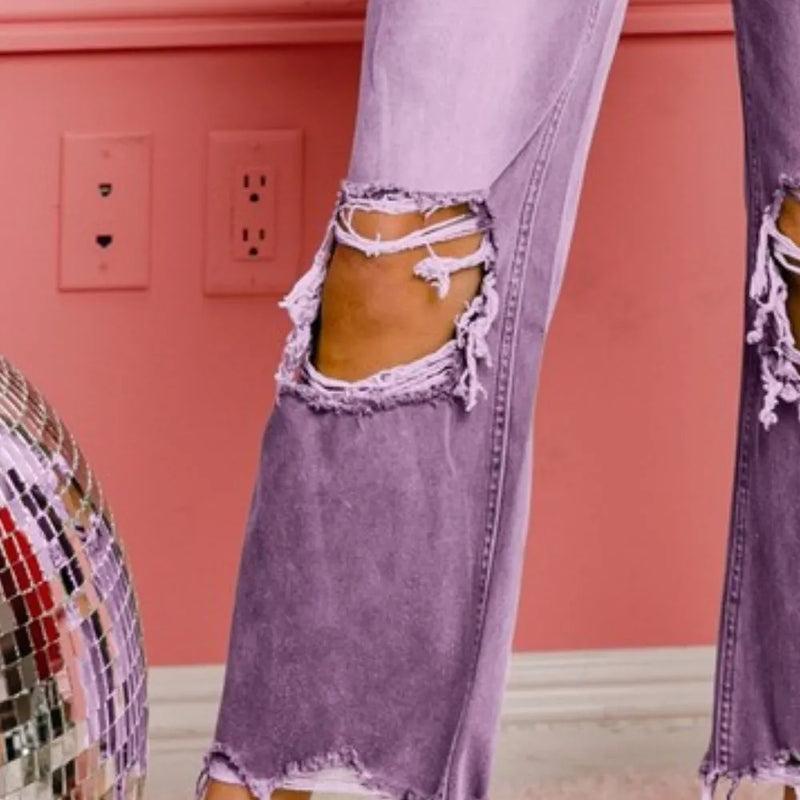 BiBi Distressed Vintage Washed Wide Leg Pants in Lavender