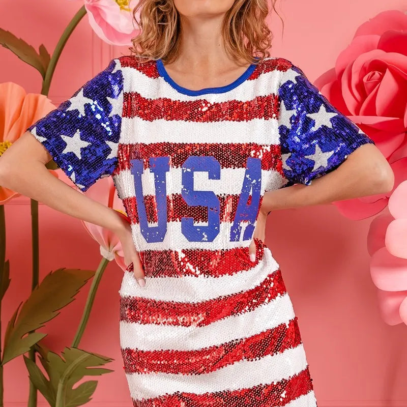 BiBi American Flag Theme Usa Print Sequin Dress