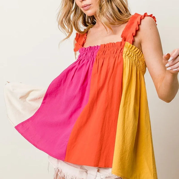 BiBi Frill Shoulder Strap Color Block Bodice Top