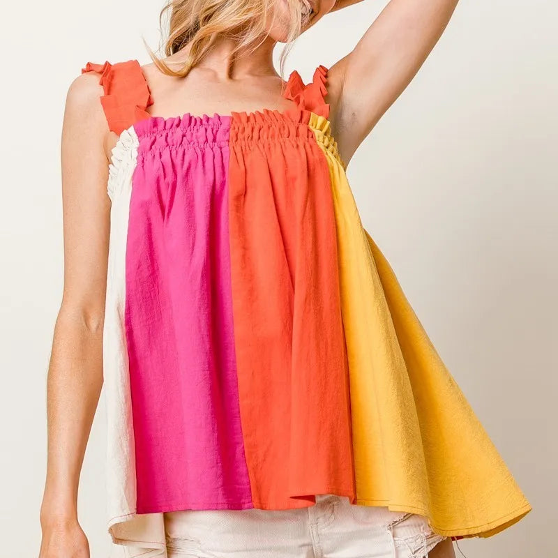 BiBi Frill Shoulder Strap Color Block Bodice Top