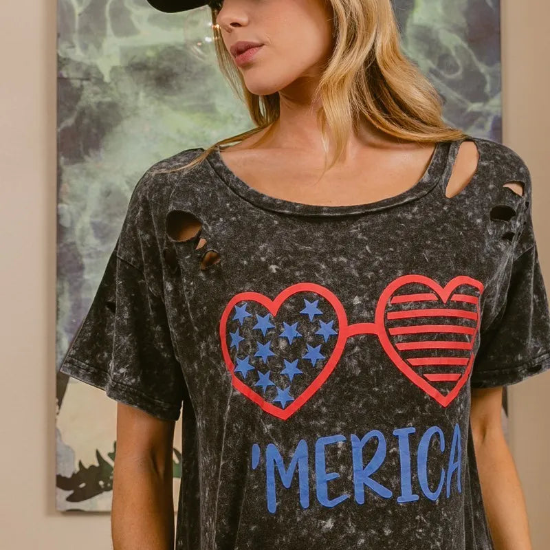 BiBi 4th Of July Theme Mineral Washed Laser Cut Top