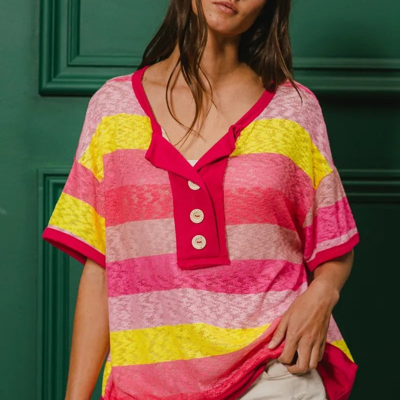 BiBi Multi Color Stripe Hacci Button Detail Ringer Top