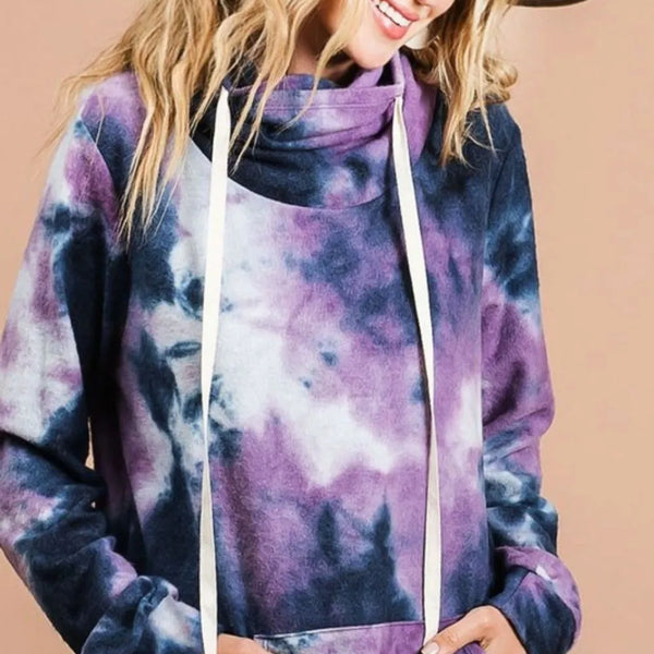 BiBi Brushed Tie Dye Overlapped Turtle Neck Sweatshirt in Purple