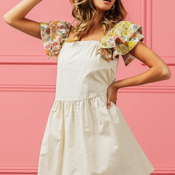 BiBi Flower Embroidered Floral Print Sleeve Dress