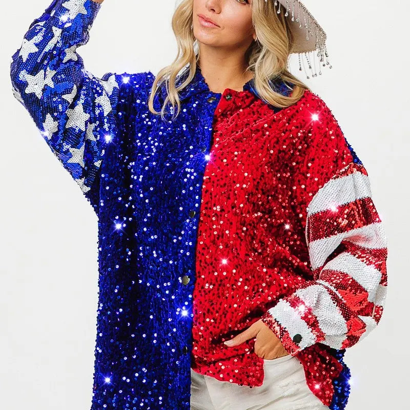 BiBi American Flag Sequin Snap Down Shirt