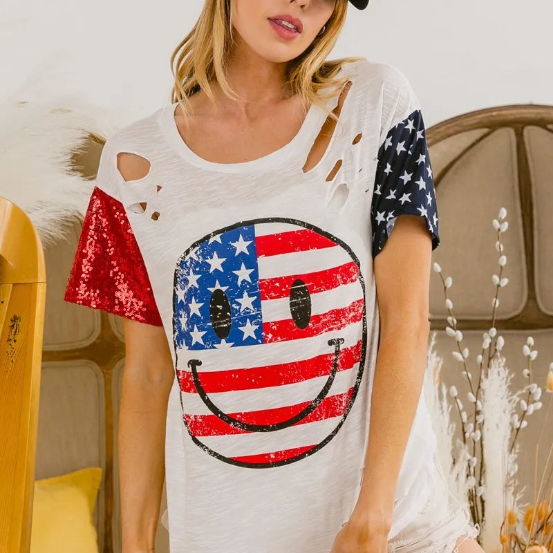 BiBi Fourth Of July Top With Laser Cut And Smile Face