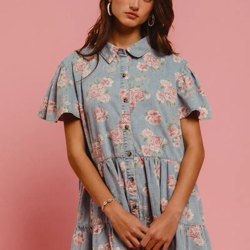 BiBi Floral Print Washed Lightweight Tiered Shirt Dress