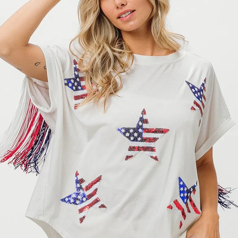 BiBi American Flag Sequin Star Fringe Top