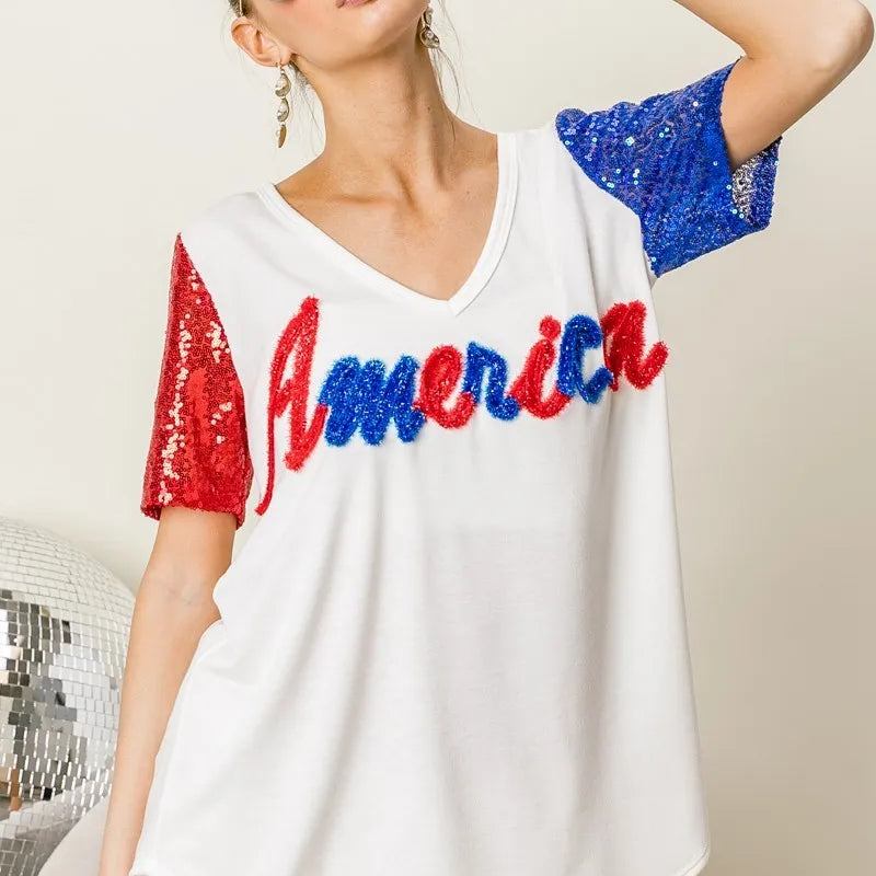 BiBi Metallic Letter V-neck Sequin Sleeves Top