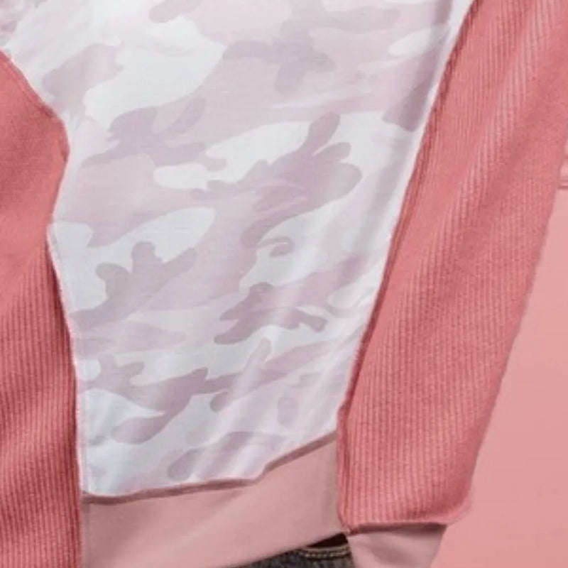 BiBi Camo Printed French Terry Knit Color Block Top