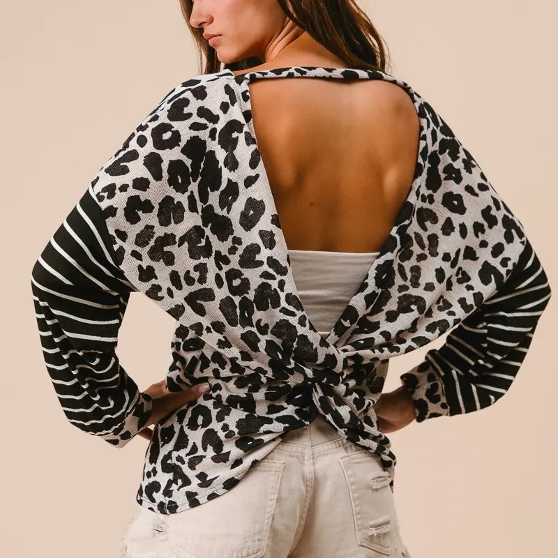 BiBi Leopard Hacci Knit Twist Back Top With Stripe Sleeve