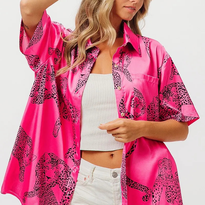 BiBi Leopard Print Short Sleeve Silky Satin Shirt Top