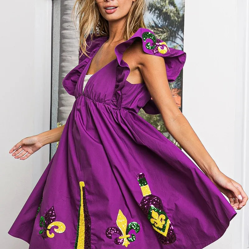 BiBi Mardi Gras Sequin Embroidery Ruffled Dress