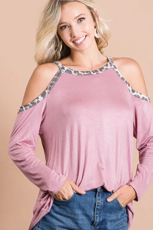 BiBi Jersey Knit Cold Shoulder Top with Leopard Neck