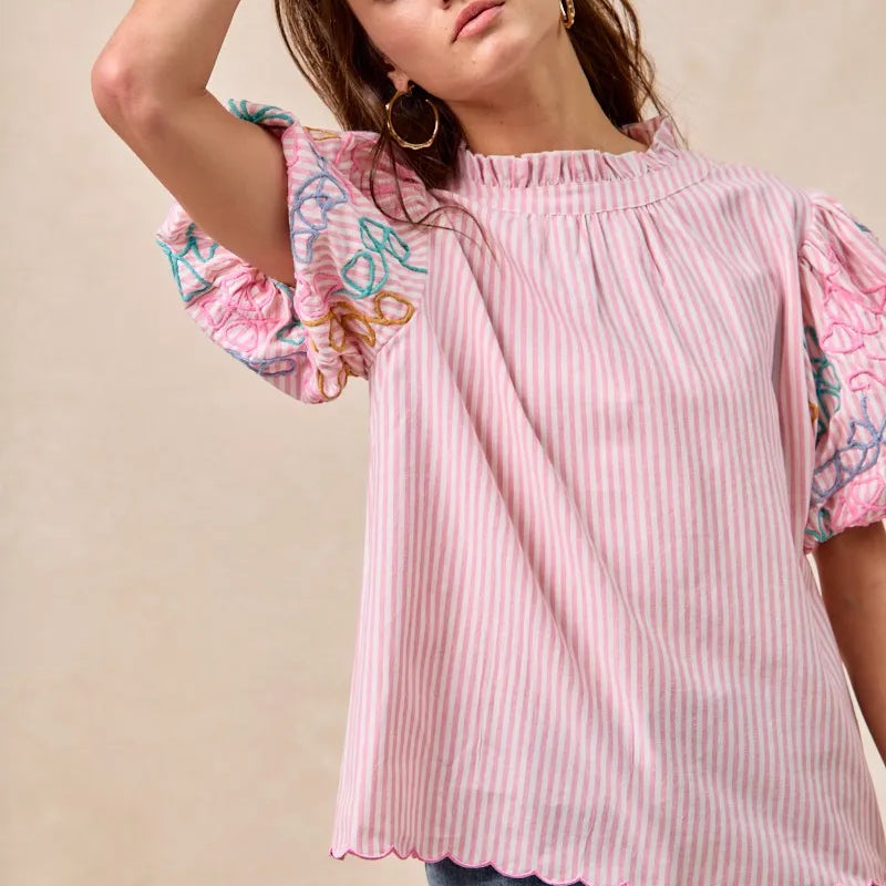 BiBi Embroidery Bubble Sleeve Top With Bottom Scallop Detail