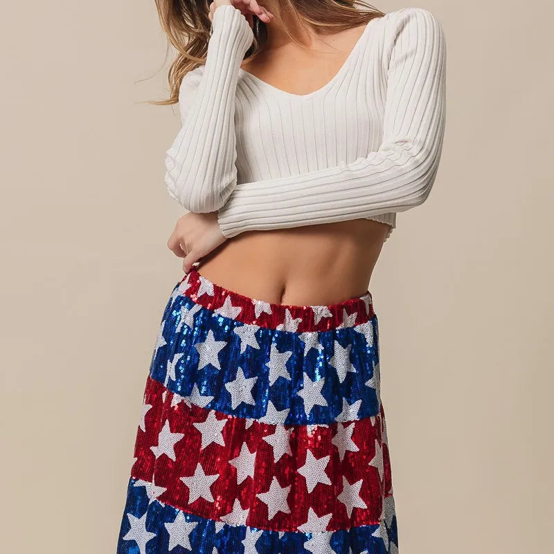 BiBi American Flag Theme Star Sequin Tiered Skirt