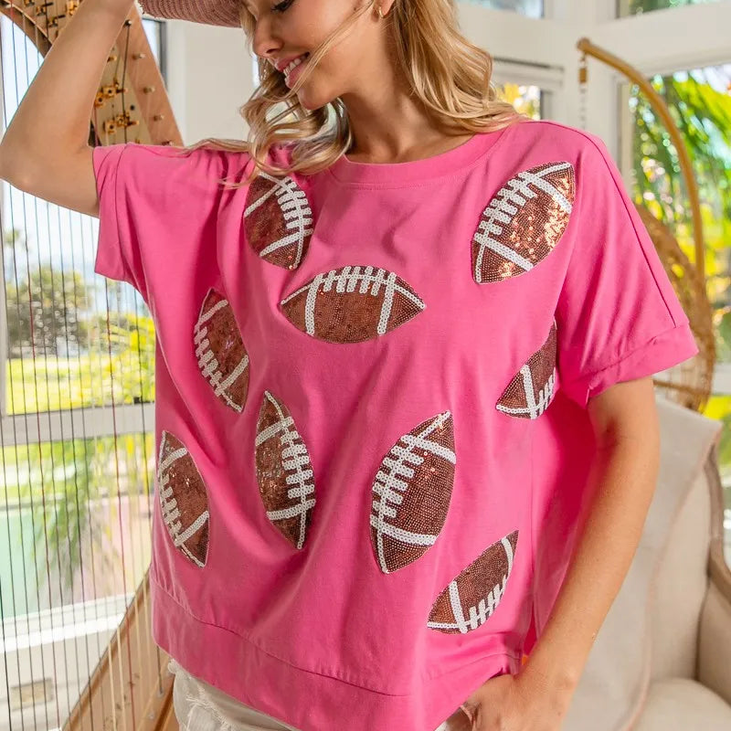 BiBi Game Day Sequins Patched Half Sleeves Top