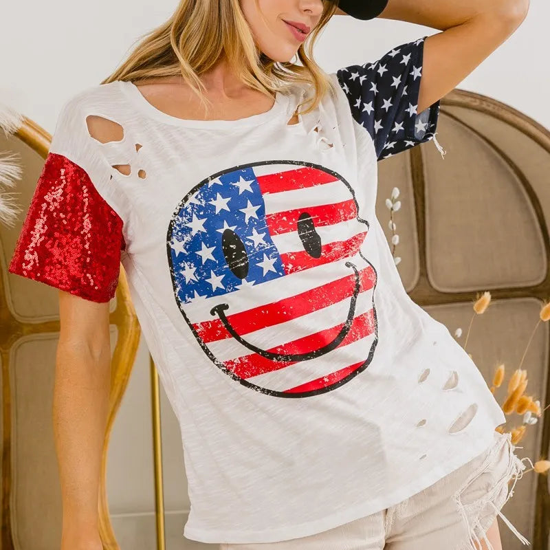 BiBi Fourth Of July Top With Laser Cut And Smile Face