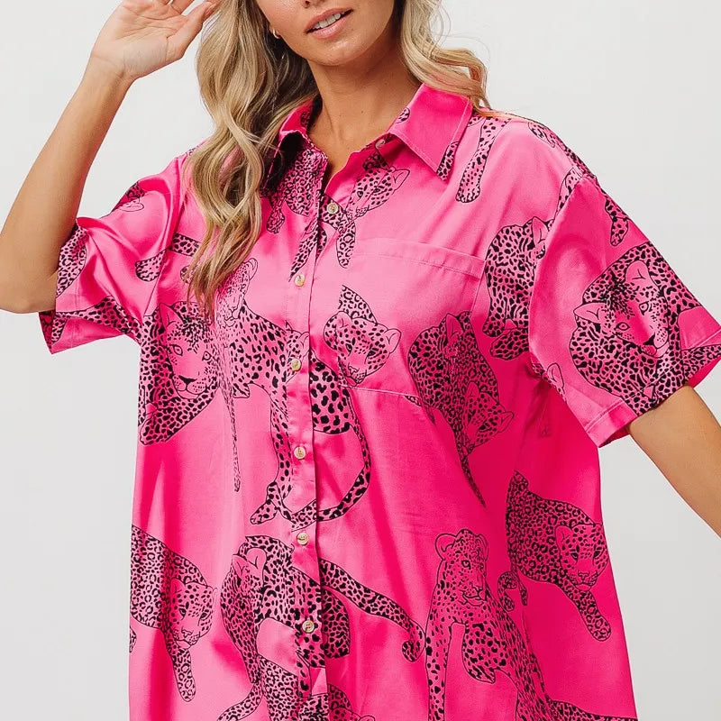 BiBi Leopard Print Short Sleeve Silky Satin Shirt Top