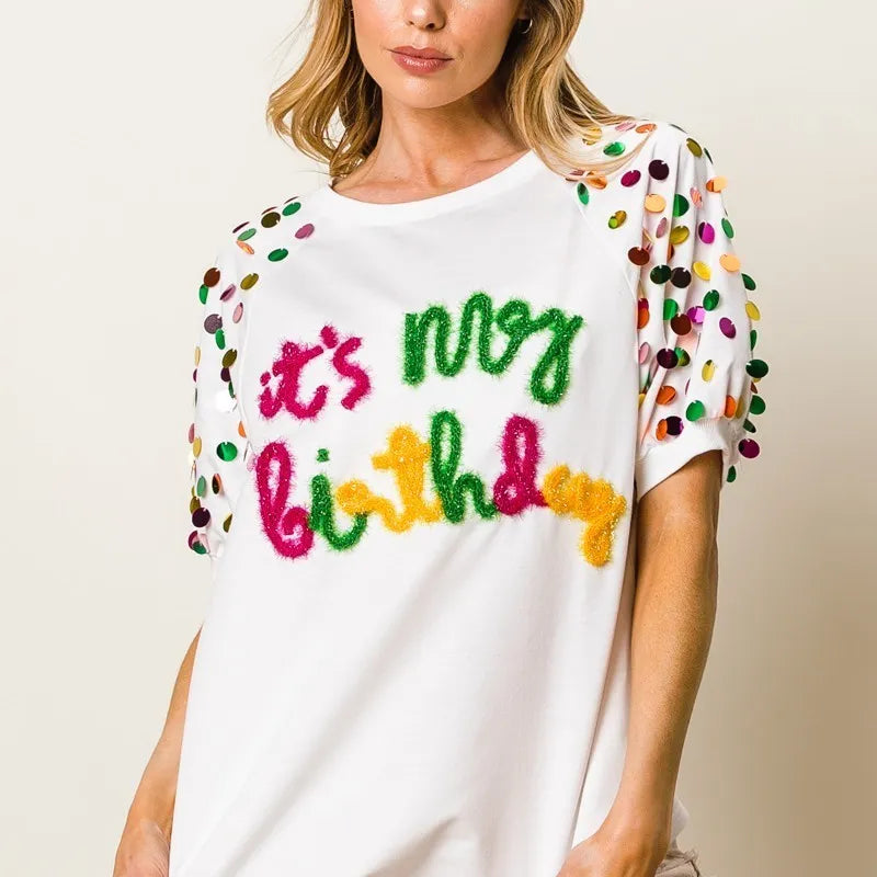 BiBi Metallic Letter Spangle Raglan Puff Sleeve Top