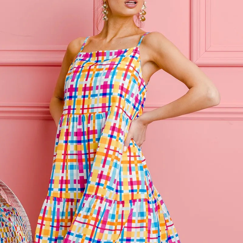 BiBi Multi Colors Plaid Sleeveless Sun Dress
