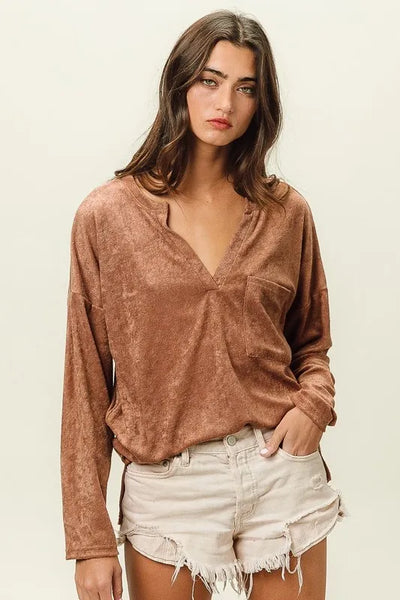 BiBi Loop Terry Solid V Neck Pocket Top