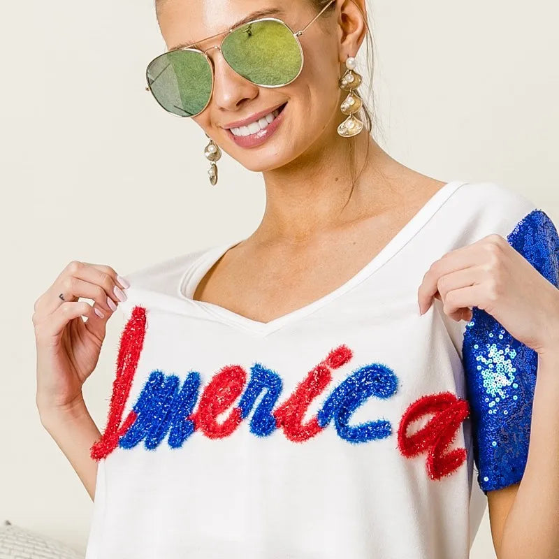 BiBi Metallic Letter V-neck Sequin Sleeves Top in Cream