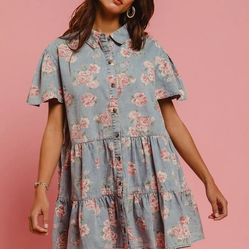 BiBi Floral Print Washed Lightweight Tiered Shirt Dress