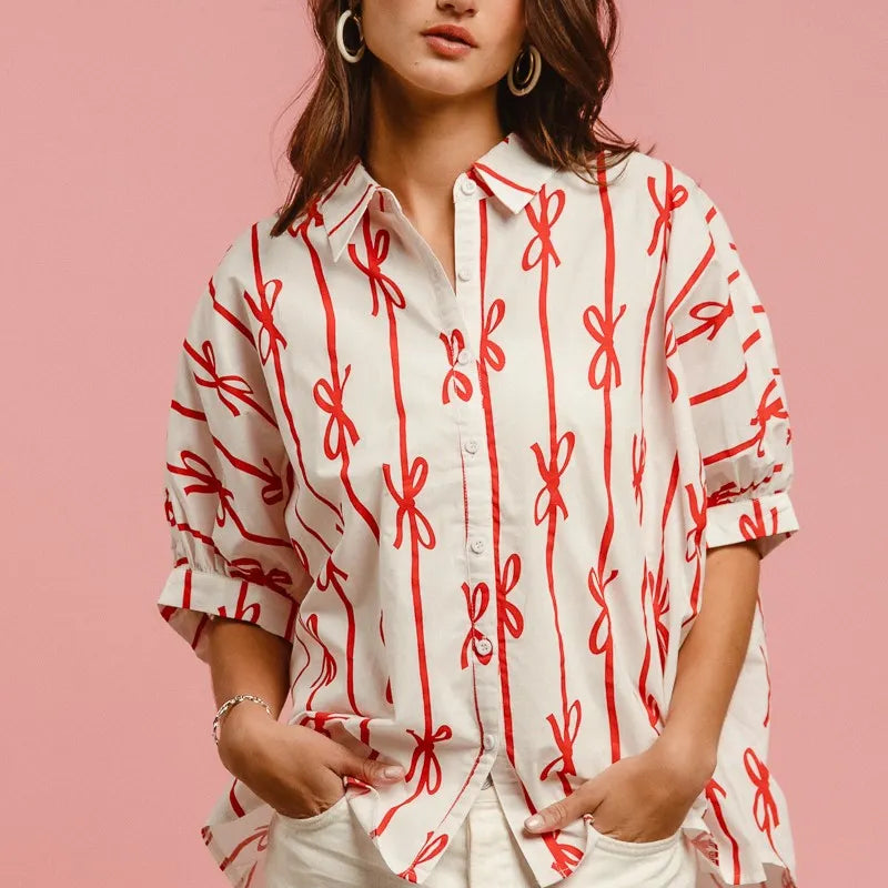 BiBi Bow Ribbon Woven Printed Button Down Shirt