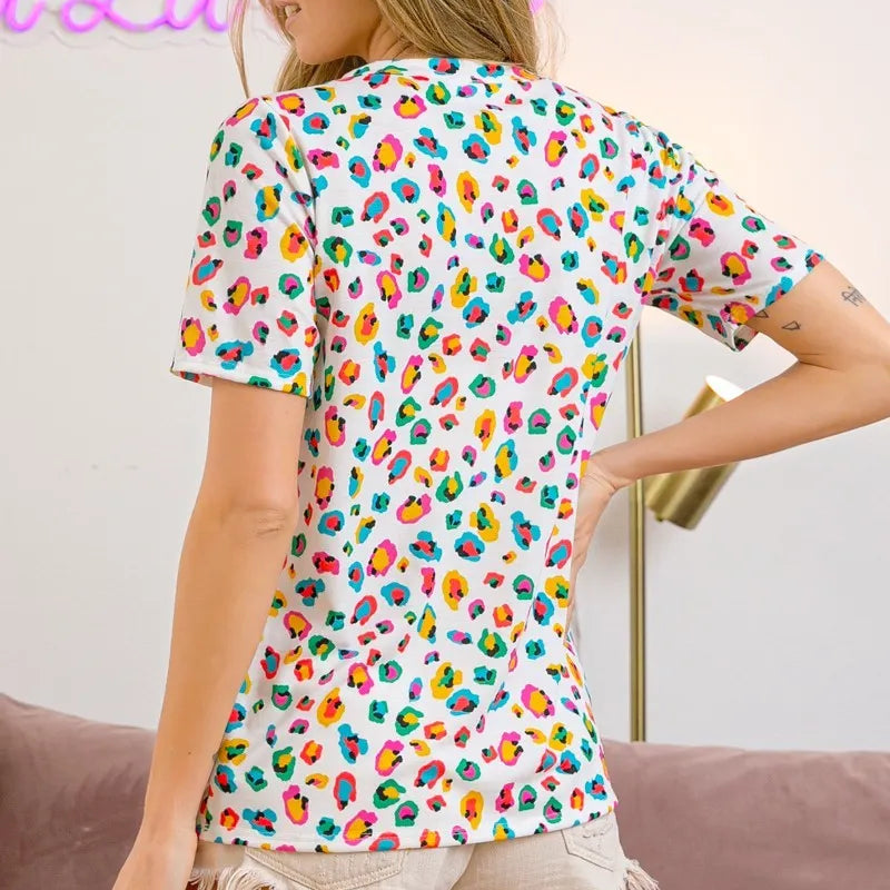 BiBi Multi Color Leopard Jersey Shirred V Neck Top