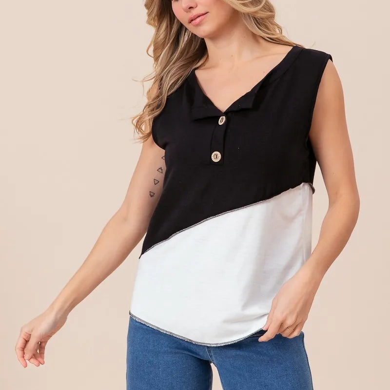 BiBi Color Block Contrast Stitching Buttoned Henley Top