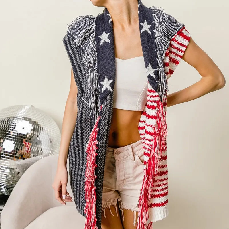 BiBi American Flag Fringe Edged Sweater Vest
