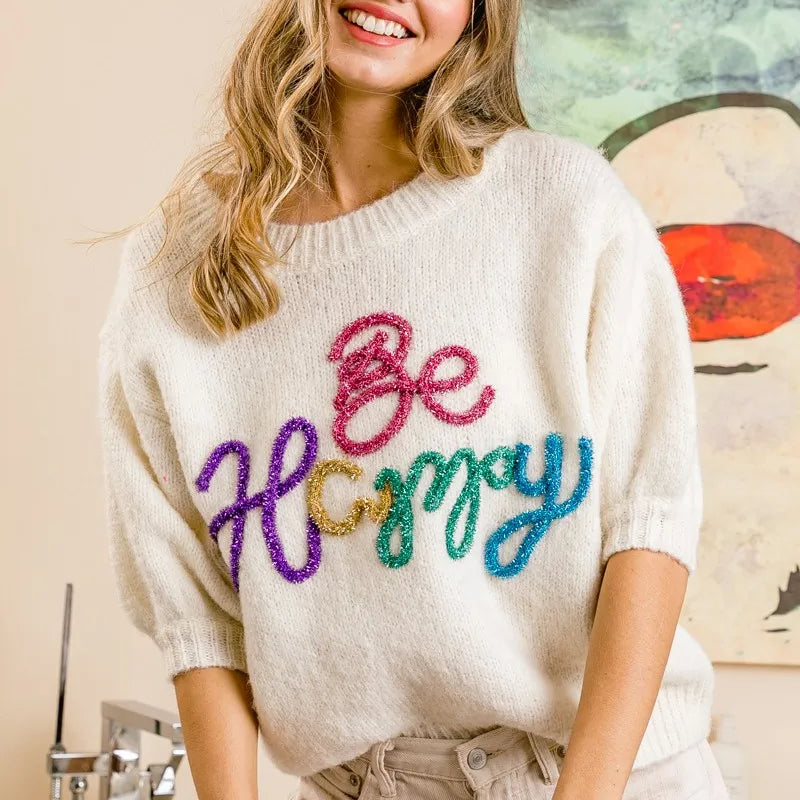 BiBi Metallic Letter Short Puff Sleeve Hairy Sweater in Ivory