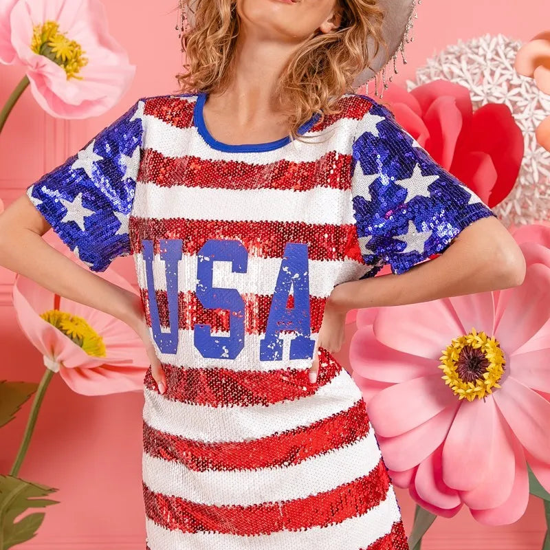 BiBi American Flag Theme Usa Print Sequin Dress
