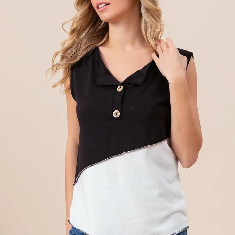 BiBi Color Block Contrast Stitching Buttoned Henley Top