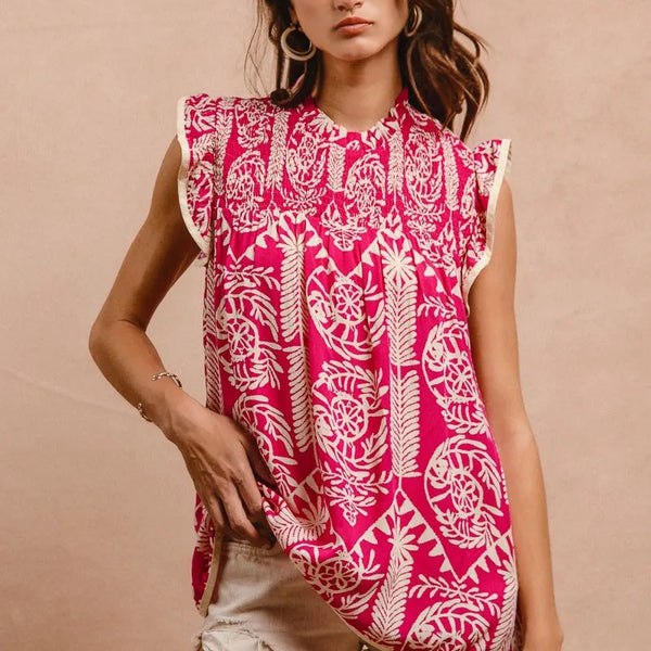BiBi Printed Ruffle Sleeve Top